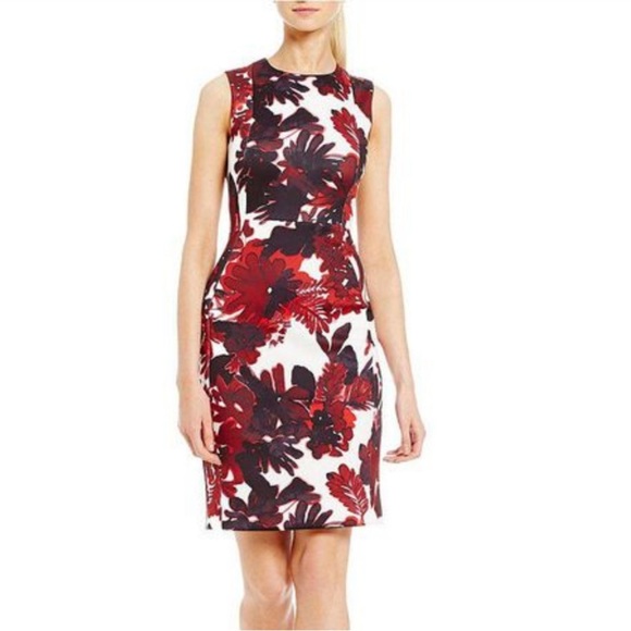 Calvin Klein Sleeveless Red Floral Print Scuba Sheath Dress Size 16 - Picture 1 of 4